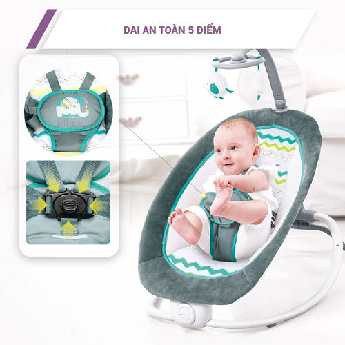 Balansoar bebeluși Mastela cu vibrații, 7 melodii, spătar 4 poziții, ham 5 puncte, 0-9 kg, gri-albastru